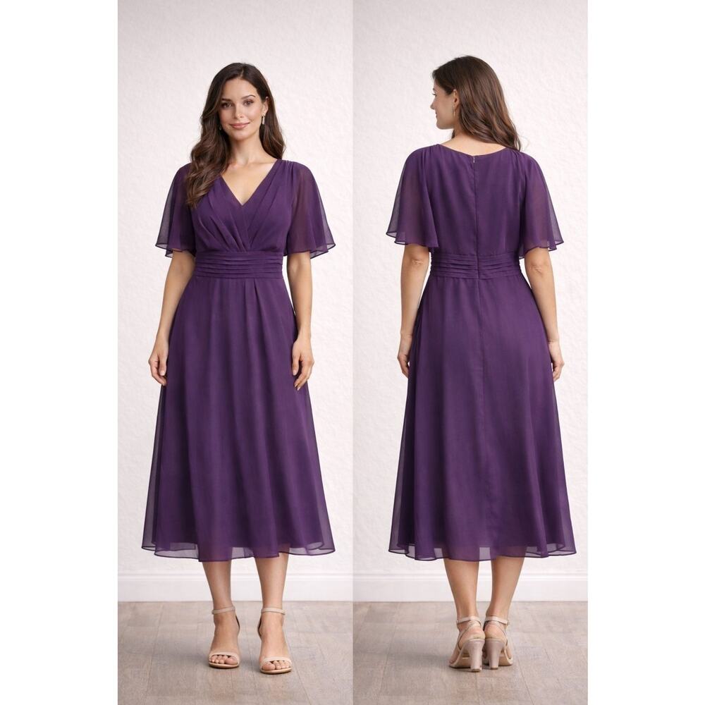 Purple Chiffon Type Midi Dress Flutter Sleeve Pleated Waist Formal Party NWOT